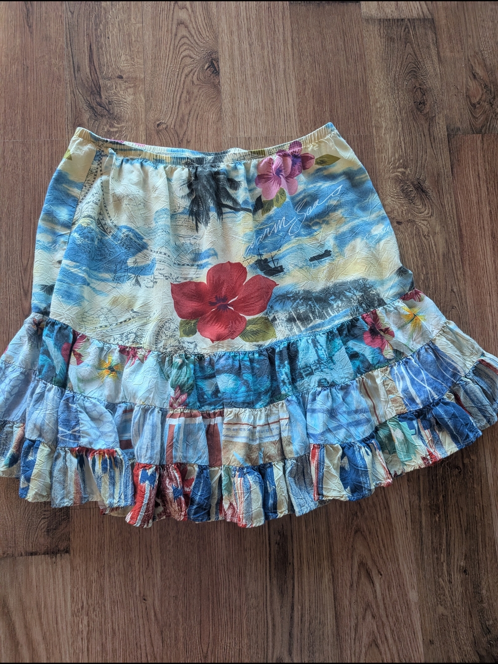 Jams World Blue and Cream Floral Tiered Ruffle Skirt Small